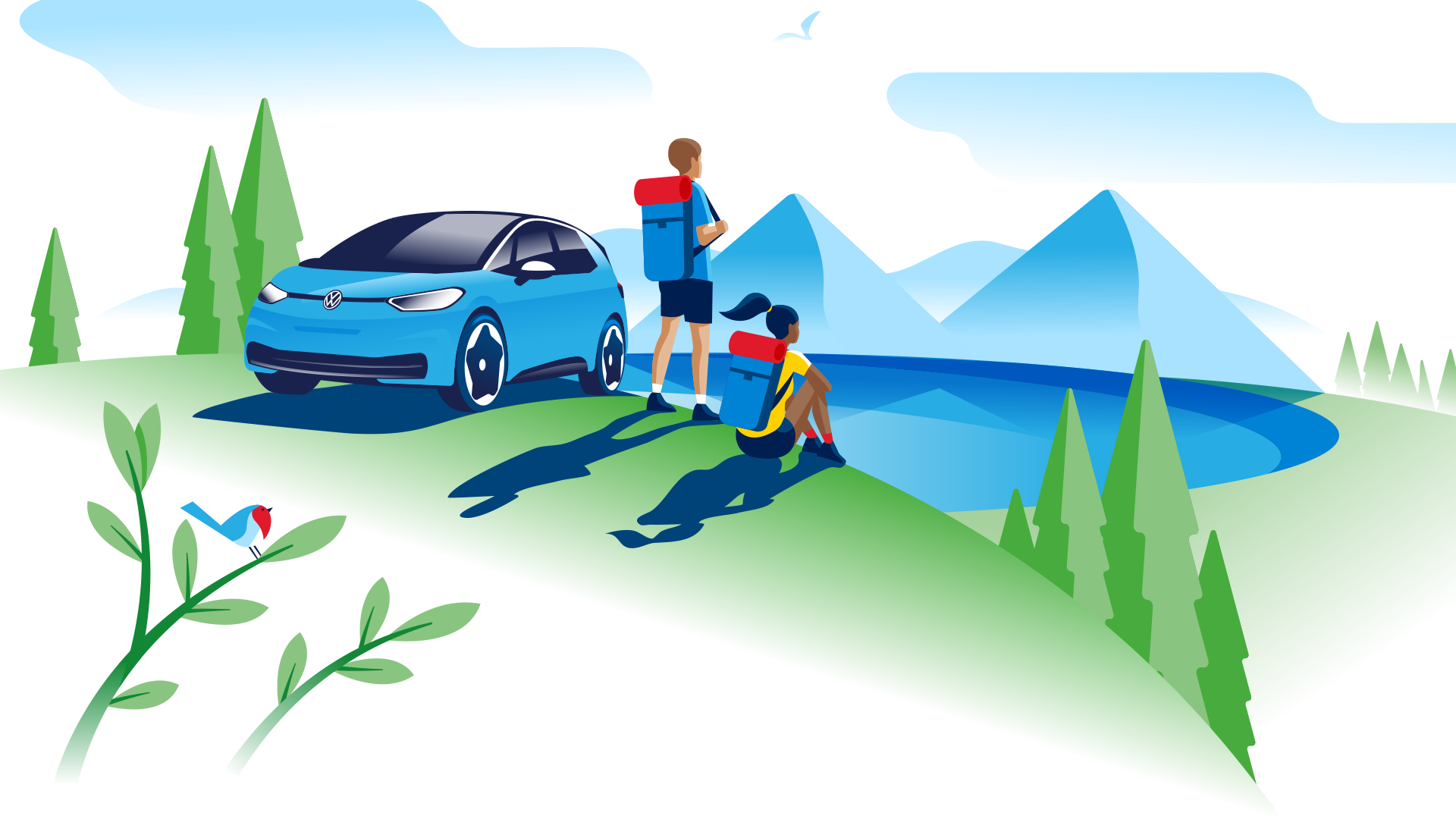 Familie mit ihrem Volkswagen ID.3 in der Natur