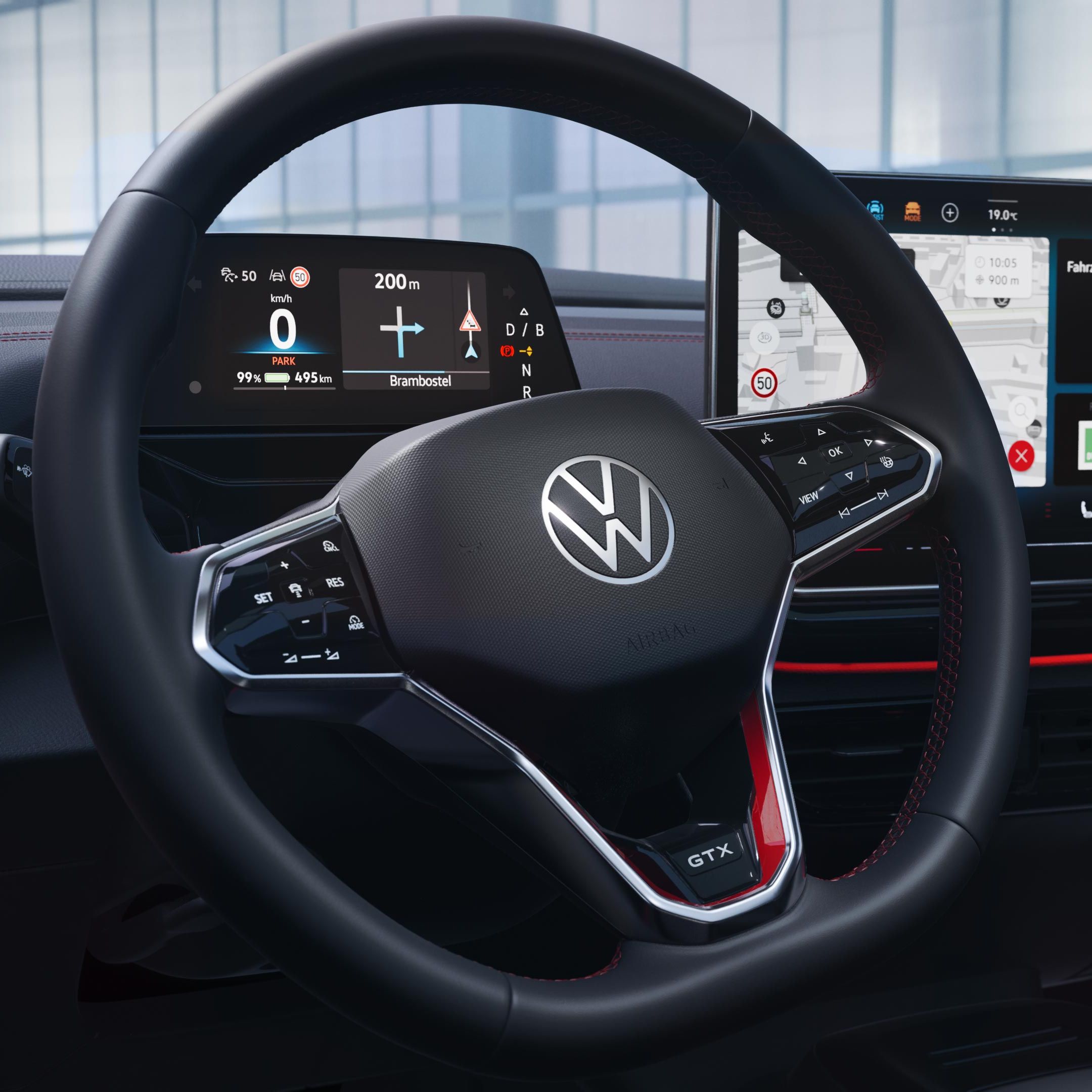 VW ID.4 GTX interiér. Pohľad na multifunkčný volant a systém infotainment.