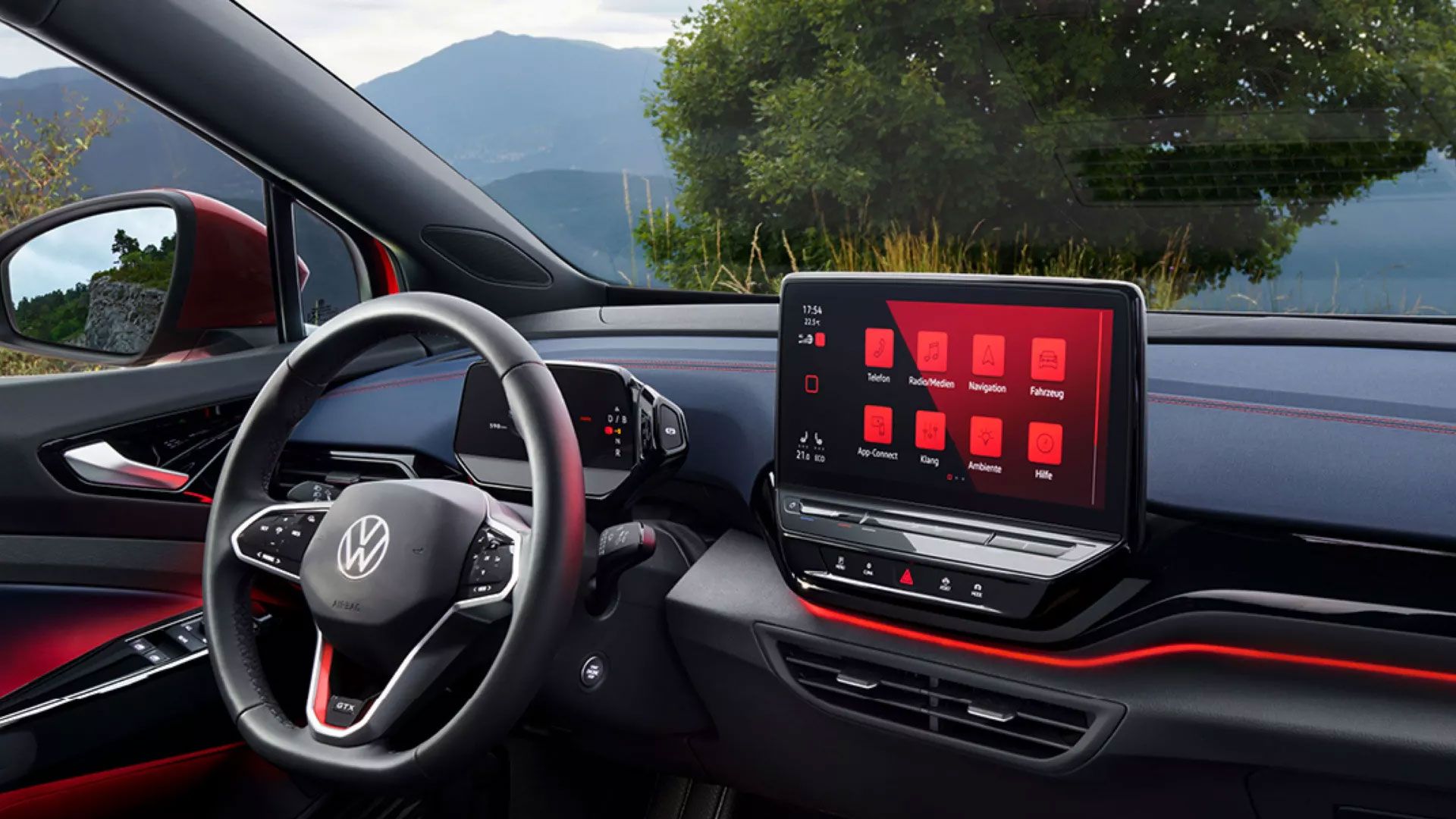 Blick auf das Lenkrad und Infotainmentdisplay eines VW ID.