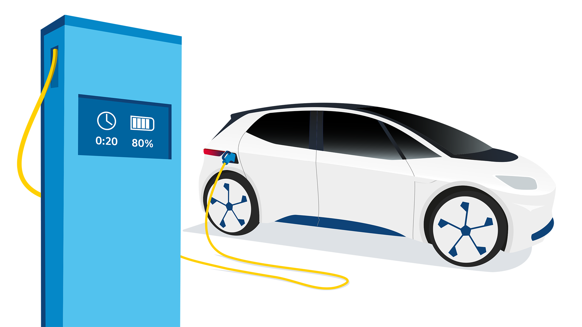 Illustration einer Schnellladestation mit E-Fahrzeug (80%), daneben die Minutenanzahl (30 min).